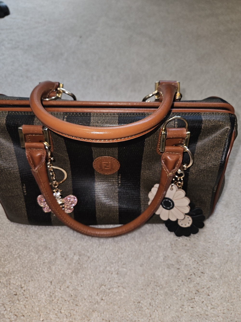 Vintage Fendi Penquin Brown Striped Canvas and Leather Satchel 8wx5.5H